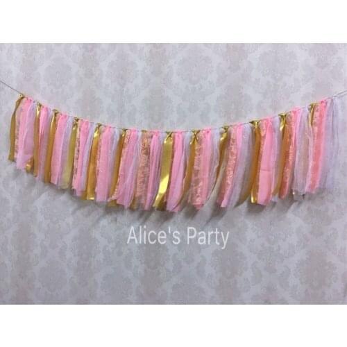 Hot Sale Pink Chiffon Gold Rag Tie Banner Girl Lace Highchair Bunting Celebrate Birthday Garland 1st Party Decor Nursery Hanging