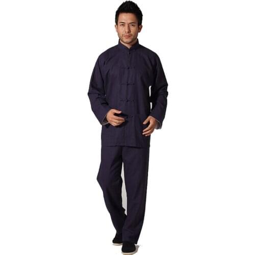 Chinese Mens Solid Jacket&Trousers Kung Fu Suit High Quality Cotton Linen Wu Shu Tai Chi navy blue Sets vestido chino