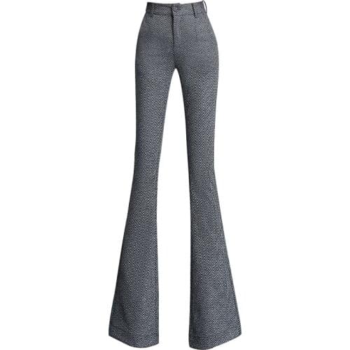 Plaid Pants Women High Waist Trousers Plus Size Female Office Vintage Wool Pants Wide Leg Flared Pants