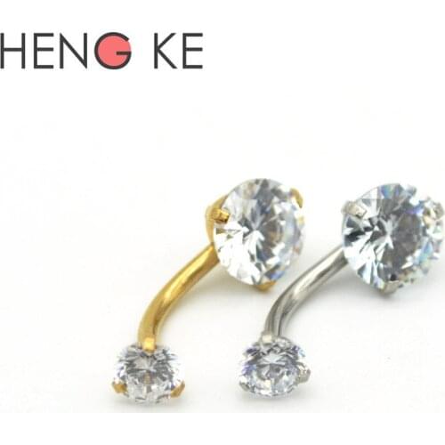 Gold Belly Bars Body Piercing Button Ring Crystal CZ Gem 316L Stainless Steel Clear AB Double Zircon Internally Threaded