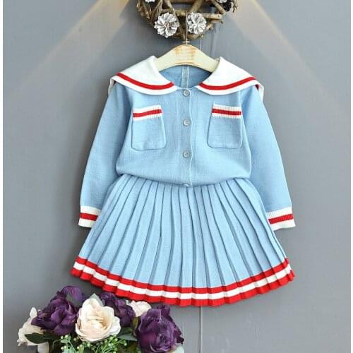 DFXD Girls Clothing Set Fashion Autumn Soldier Collar Knitted Cardigan Sweater+Pleated Skirt Two Piece Princess Costume 2-7Year