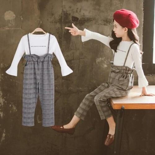 Thanksgiving 2019 trend girl striped bib suit spring autumn new clothing set for teen long sleeve college style clothing set