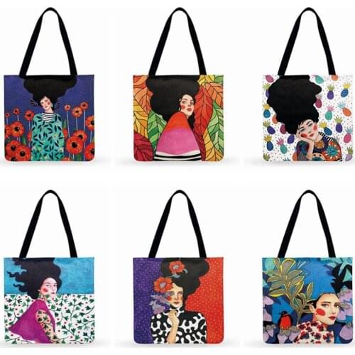 Fashion Black Hair Girl Painting Print Bag For Women Casual Tote Ladies Shoulder Bag Foldable Shopping Bag Outdoor Beach Bags