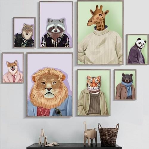 Cartoon Simple abstract Cat Dog Bear Wolf Wall Art Canvas Painting Nordic Posters And Prints Wall Pictures Baby Kids Room Decor