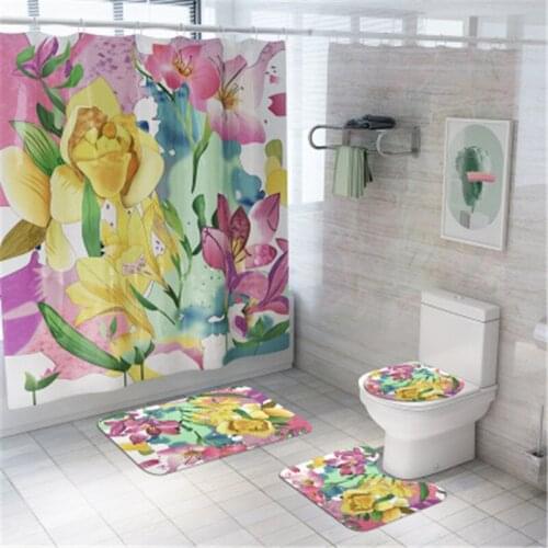Bathroom Mat Set Non-slip Flower Lotus Bath Mat Coral Fleece Shower Curtain Floor Mat Washable Bathroom Toilet Rug