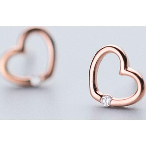 Delicate Small Hollow Love Heart Stud Earrings with Clear CZ Zircon for Women Fine Jewelry Gift
