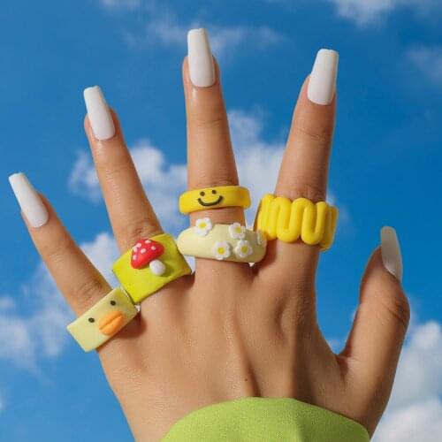 2021 Ins New Handmade Ceramic Clay Cute Duck Mushroom Flower Smiley Wave Rings For Women Yellow Stripe Wide Ring Jewelry Gifts