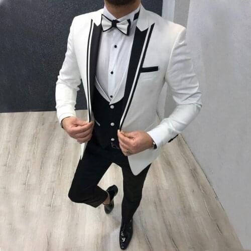 New Arrival Men Suits White and Black Groom Tuxedos Peak Lapel Groomsmen Wedding Bridegroom ( Jacket+Pants+Vest+Tie ) D157