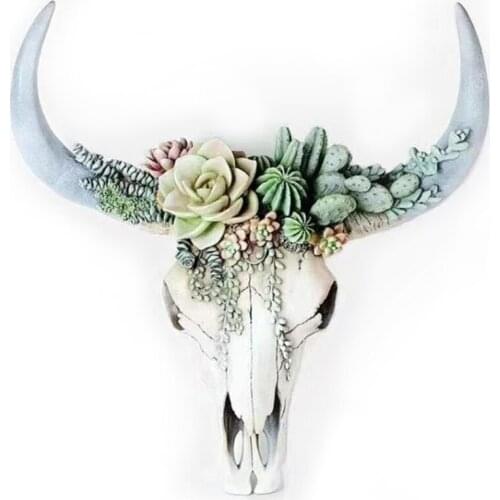 Resin Longhorn Cow Skull Head Wall Hanging Decor 3D Animal Wildlife Sculpture Figurines Crafts Horns For Home Halloween Decor