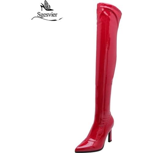 Sgesvier 2020 New Winter PU Leather Sexy Pointed Toe Thigh High Boots Fashion Hoof High Heel Slip on Over The Knee Boots Size 43