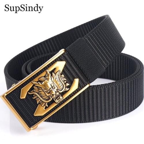 SupSindy Mans nylon belt luxury gold Dragon metal automatic buckle Canvas Belts for men casual jeans Waistband black male strap