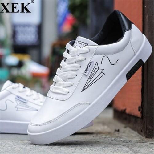 XEK 2018 New Spring White Shoes Men Summer Running Flat Leather Sneakers Male White PU Board Shoes Sports Outdoor Shoes JH209