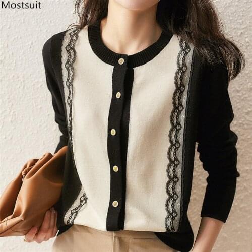 Spring Autumn Fashion Elegant Women Knitted Cardigan Lace Patchwork Single Breasted Sweater Ladies Jumper Korean 2021