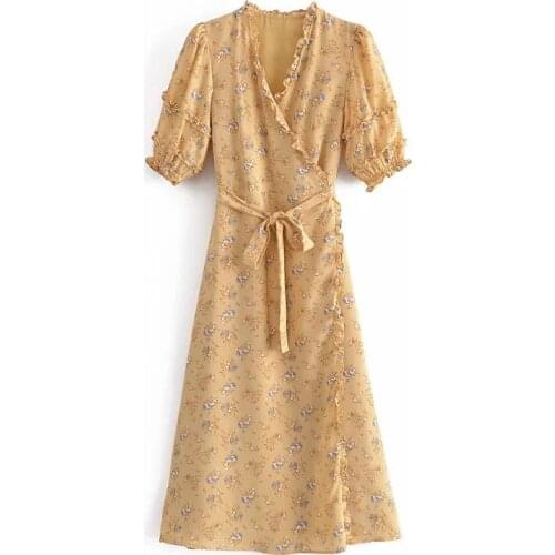 Dress Women French Style Vintage Sashes V Neck Puff Sleeve Split Midi Dress Summer Casual Slim Holiday Vestidos 2021 New