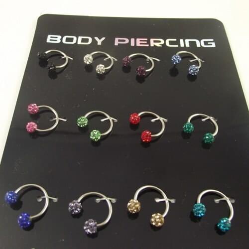 12pcs/lot Colorful BCR Horseshoe Circular barbell body piercing captive ring Crystal ball free shipping 16g stainless steel