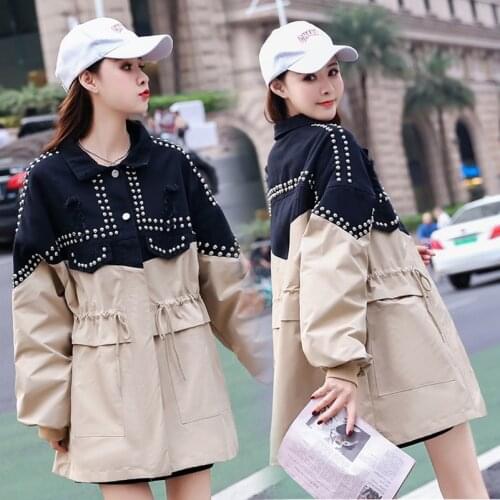 2020 Fashion Spring The New Splice Loose Rivet Hole Drawstring Coat Free Shipping
