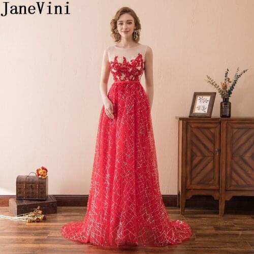 JaneVini Shiny Red Sequined Evening Formal Dress Women Elegant Illusion Mother of Bride Wedding Party Dress Bling Dinner Gowns