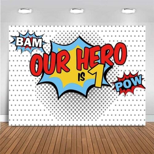 Kids Birthday Party Photo Background Our Hero is1 Cartoon Superhero Photography Backdrop Newborn Baby Shower Photoshoot Backdrop