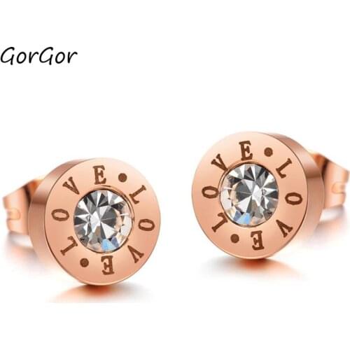 GorGor Women Earings Rhinestone Round Shape Stainless Steel Love Letter Push Back Vintage Ladies Sweet Fashion Ear Stud 264