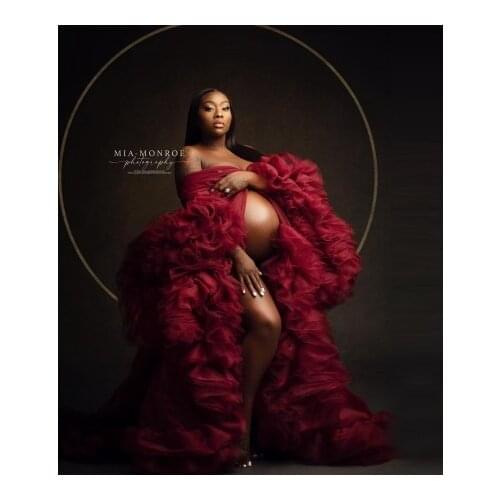 Classic Puffy Tulle Maternity Dresses Long Sleeves Front Open Ruffles With Train Plus Size Pregnancy Photo Shoot Robes With Flar