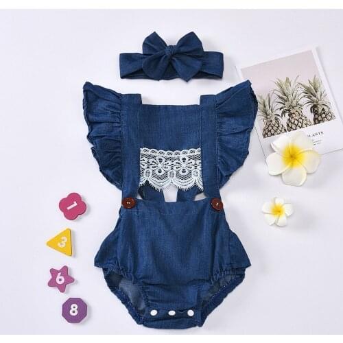 Newborn Infant Baby Girls Clothes Ruched Lace Romper Denim Bodysuit With Hairband Summer Fashion Clothing 6 12 18 24 Months