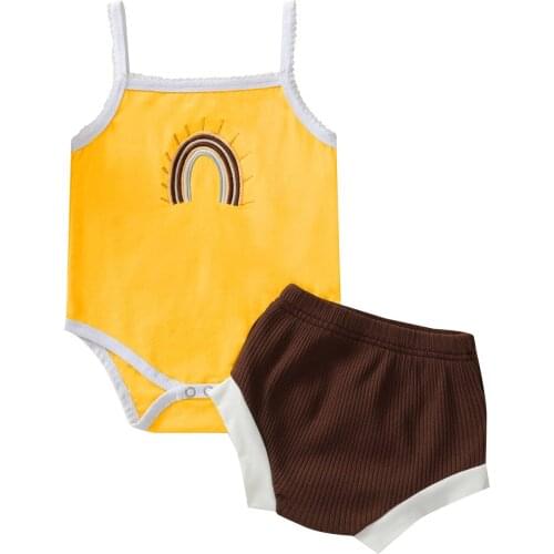 2021 Summer Baby Girl Clothes Set Rainbow Embroidery Casual Sleeveless Sling Romper + Solid Color Short Pants