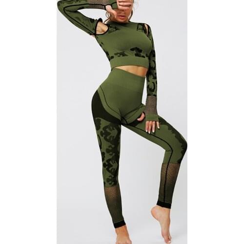 Fashion Sexy Hollow Navel Exposed Women Printing Sports Long Sleeve T Shirt Fitness Yoga Tights Pants