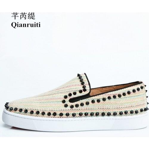 Qianruiti Men Beige Canvas Flat Slip-on Sneakers Low Top Rivet Spike Shoes Men Runway Chaussures Hommes EU39-EU47