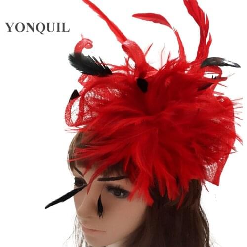 Charming Sinamay Fascinator Headwear Feather Flower Party Show Hair Accessories Vintage Women Millinery Red Cocktail Hats MYQ113
