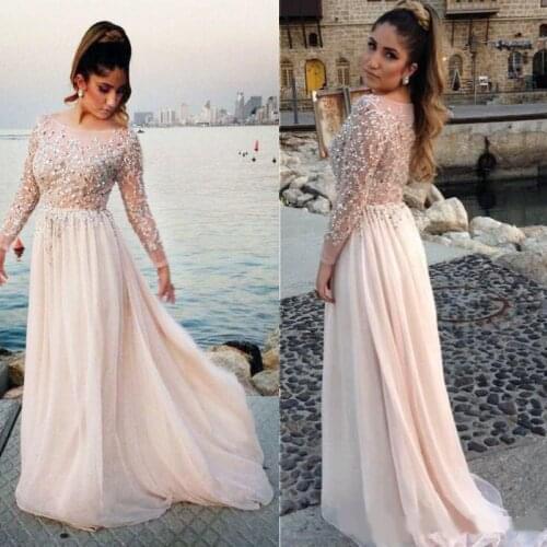 2020 Luxury Style Long Illusion Sleeve Plus Size Prom Dresses Scoop Neck Hot Crystals Beads Sequins Floor Length Party Gowns Cus