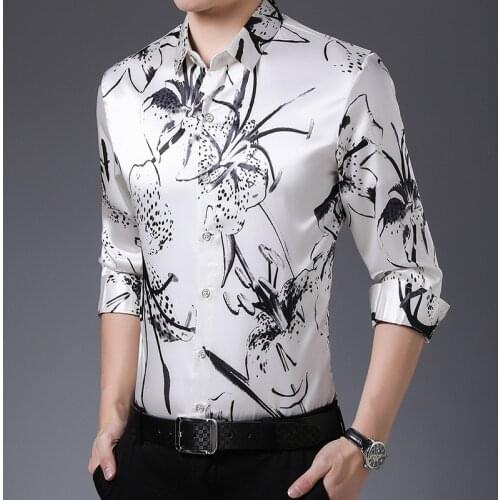Men White Shirts Mens Fashion Floral Print Casual Slim Lapel Long-sleeved Shirt Trend Young Men Shirt Brand Clothing