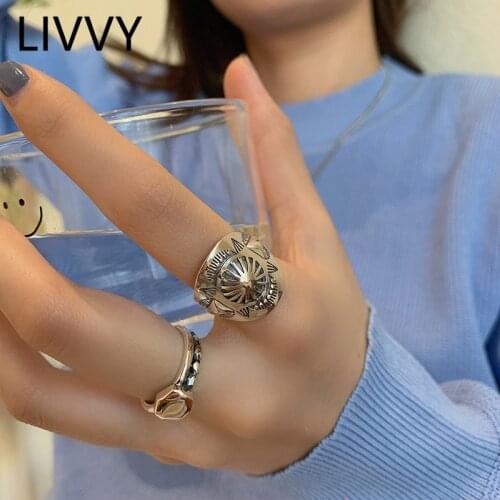 LIVVY Thai silver Color Punk Hip hop Star Wide Rings For Women Couples New Fashion Vintage Handmade Party Jewelry Gifts
