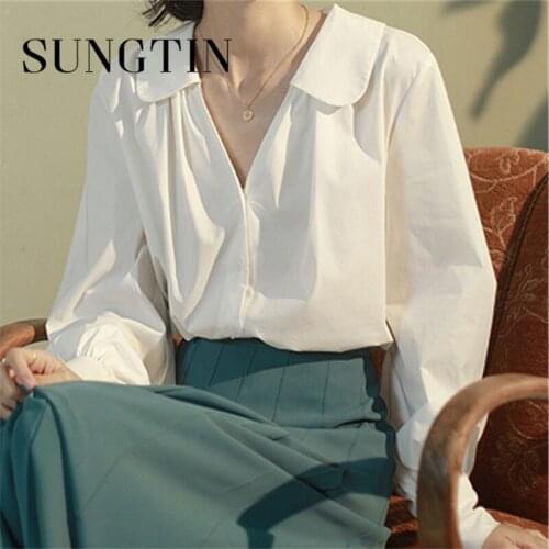 Sungtin Elegant Vintage Women V Neck Solid Blouse Shirt Autumn Lanteren Sleeve Female White Shirt Fashion Retro Peter Pan Collar