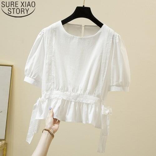 4XL Loose Shirt Ladies Tops Summer Simple Sold White Blouse with Lace Plus Size Women Clothing Puff Sleeve O-neck Blouses 14838