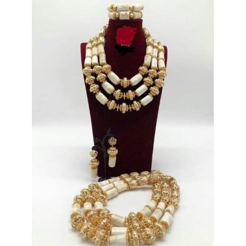 Wonderful White and Gold Nigerian African Wedding Coral Beads Jewelry Set Handmade Necklace Set for Bridal NCL734