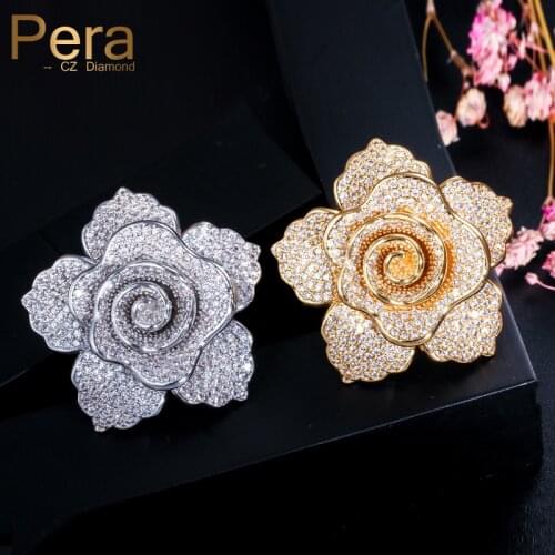 Pera High Quality Micro Pave Cubic Zirconia Large Flower Shape Brooches Jewelry for Women Wedding Party Dress Accessories C005