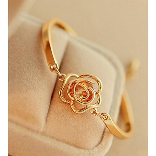 Women Golden Flower Crystal Rose Bangle Cuff Chain Bracelet Chic Jewelry Present