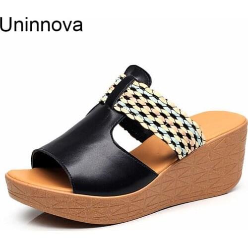 Womens wedge slipper high heel outdoor light PU outsole check patten t-strap shoes hard-wear durable microfiber Uninnova WSL001