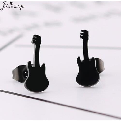 Jisensp Black Guitar Earrings Women Stainless Steel Stud Earring Musical Instrument Violin Earing Female Jewelry Graduation Gift