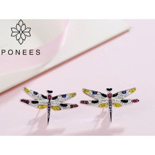 PONEES Multi Colors Prevent Allergy Dragonfly Stud Earrings for Women Girls Fashion Jewelry Christmas Gift