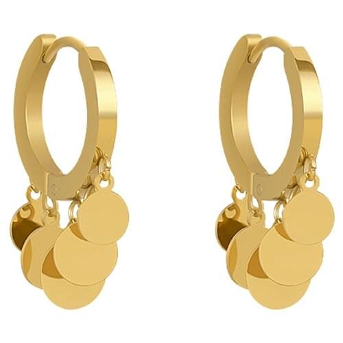 RHYSONG Stainless Steel Gold Shiny Mini Round Slice Tassel Drop Earrings For Women Sexy Circle Hoop Earing 2021 Tredny Korean