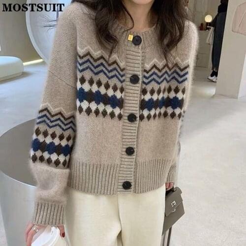 Autumn Vintage Striped Knitted Cardigan Women Full Sleeve O-neck Sweater Chic Fashion Female Jumpers Tops 2021