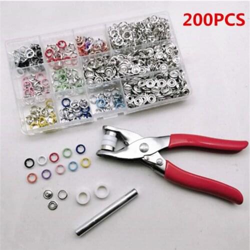 200 Sets Hollow Out Colorful Five Prong Buckles Hand Pressing Pliers 20 sets of 10 colors Storage Box Leather Craft