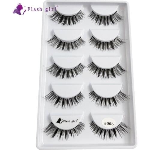 Flash Girl 5 Pairs Mink Eyelashes Handmade Makeup #006 Natural Thick Eye Lashes Transparent Stems Fake Eyelash