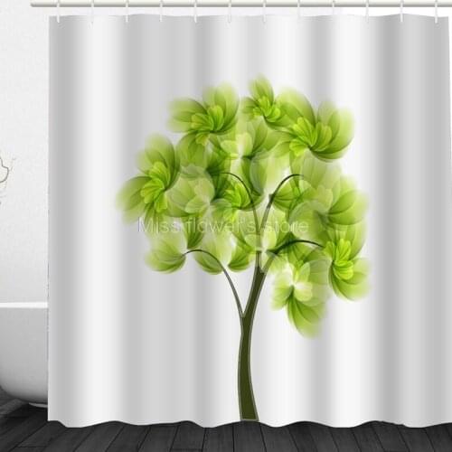 Multi-Size Abstract Green Reed Petals Big Tree Design Custom Shower Curtains Bathroom Waterproof Mildew Polyester Fabric+12Hook