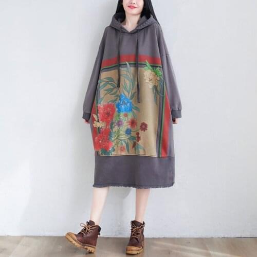 Big Size Long Hooded Dress Women Long Sleeve Oversize Casual Dress Spring Autumn Cotton Chinese Style Printed Baggy Vestidos