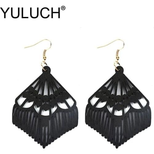 YULUCH Pop Black Red Hollow Wood Long Pendant Earrings Fashion Jewelry For Party Ethnic African Personality Big Dangle Earrings