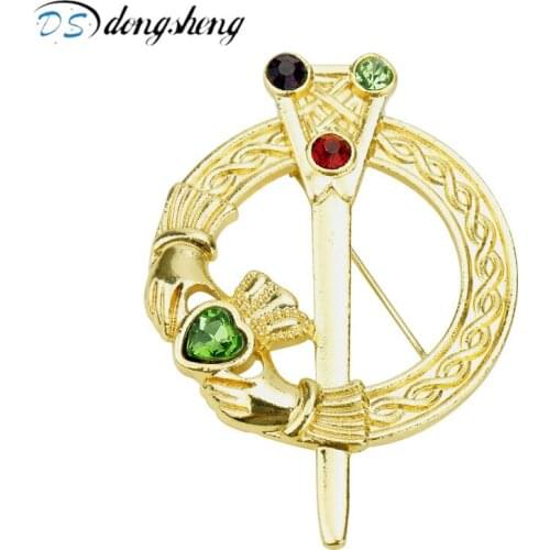 Dongsheng American Jewelry Claddagh Brooches Hands and Love Heart Crystal Brooch Gold Color Cane Crown Women Men Pin Brooch