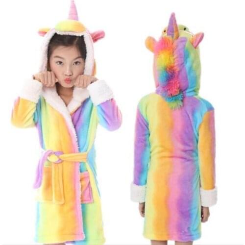 Girls Boy Robes Pajama Autumn Winter Kids Flannel Unicorn Hooded Bathrobe Childrens Long Sleeve Bath Robe Animal Sleepwear
