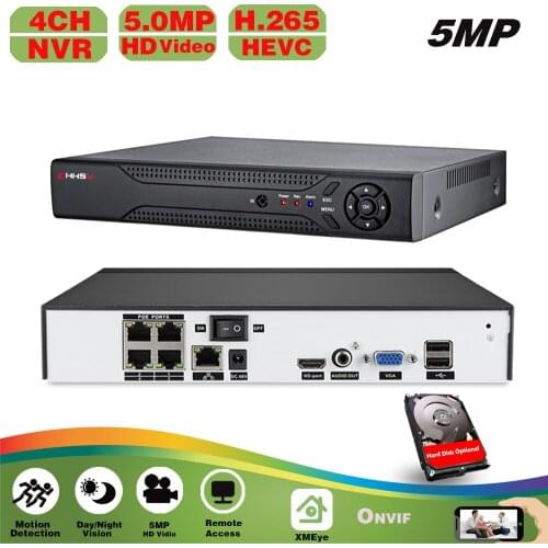 H.265 POE NVR 4CH 5MP 4MP IP Security Video Surveillance Recorder Motion Detect ONVIF P2P CCTV NVR For 5MP 2MP POE IP Cameras